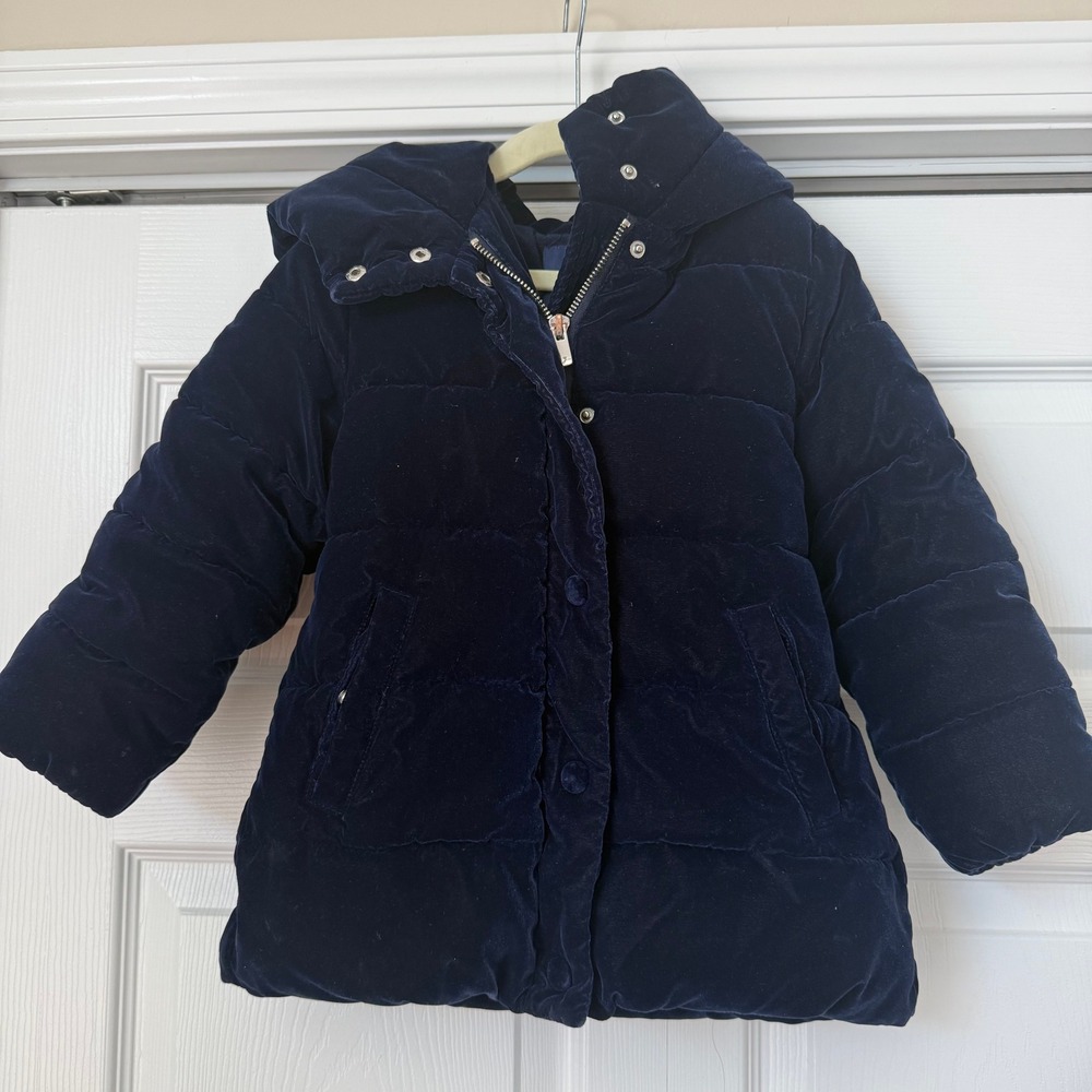 Jacadi Paris Navy Blue Velvet Puffer Jacket Hooded Quilted Coat Girls 4A 104cm